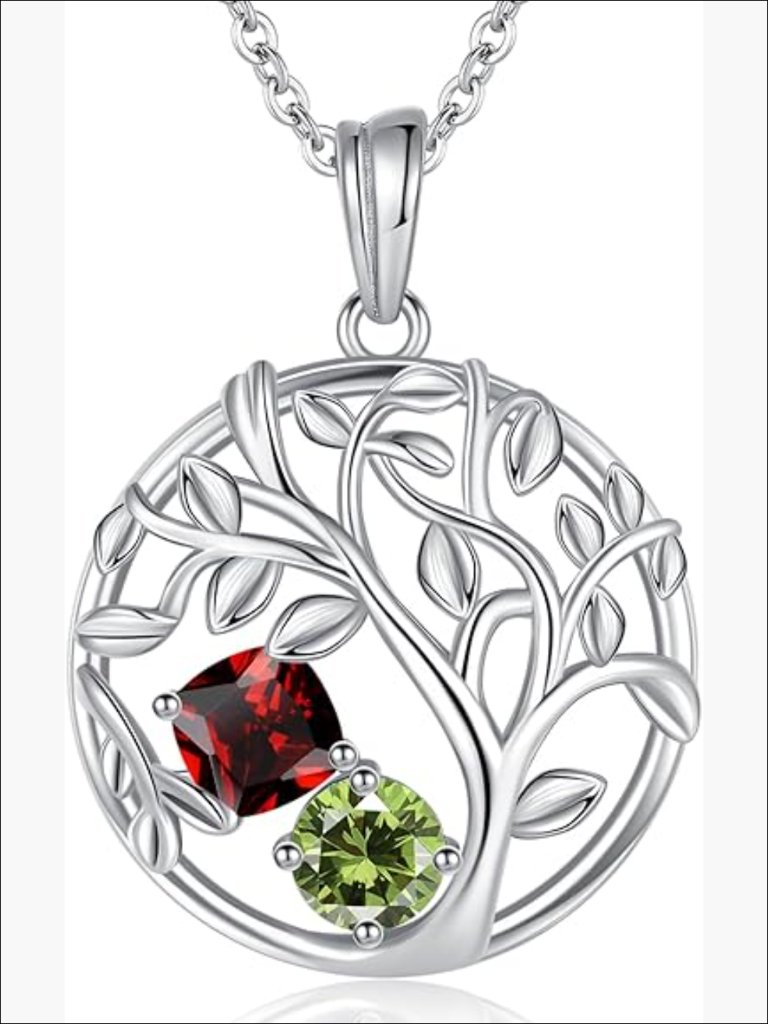 925 Sterling Silver Tree Of Life Birthstone Necklace With Cushion&Round Cut